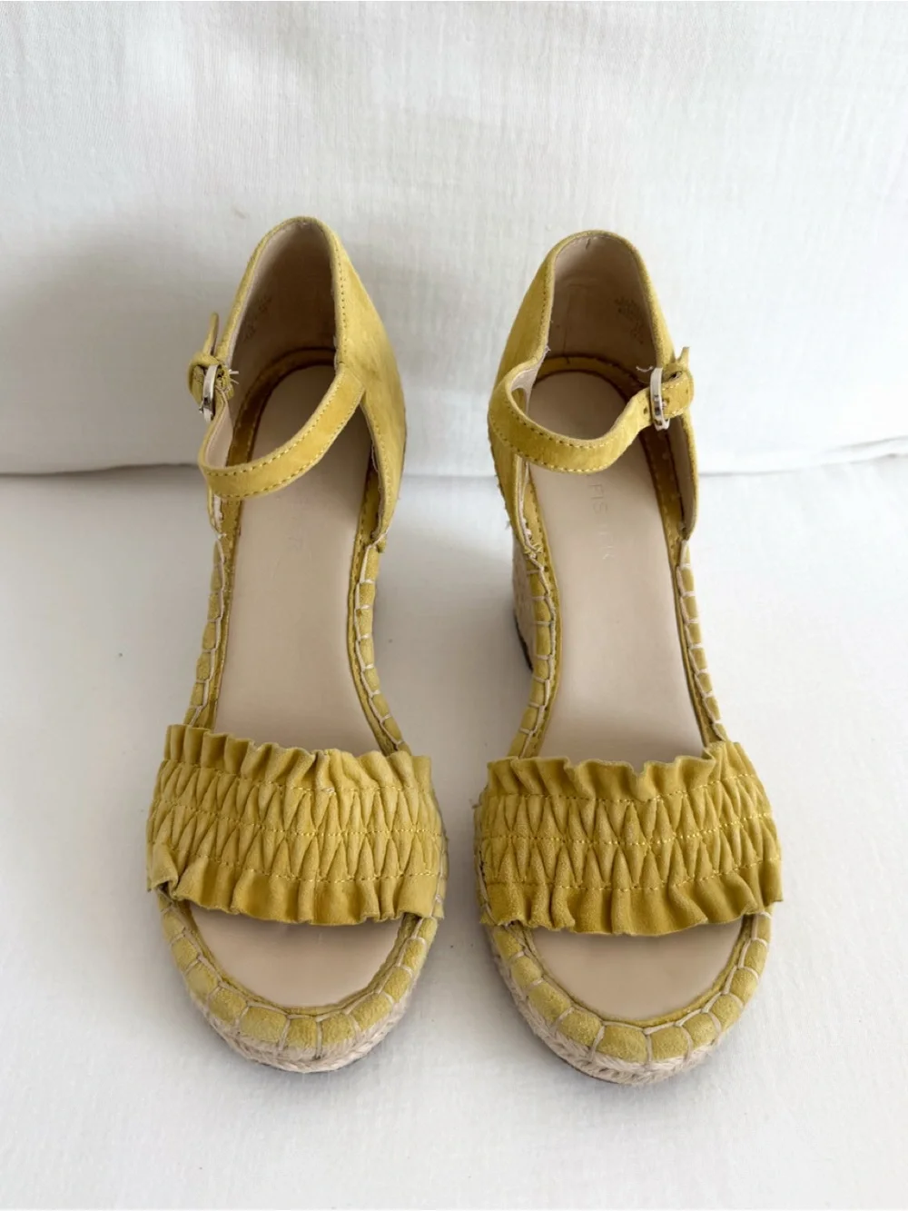 Marc Fisher Kadria Mustard Yellow Suede Espadrille Wedge Sandals